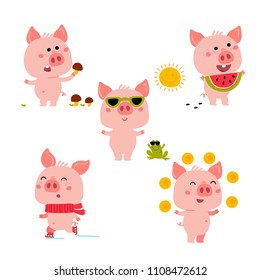 Vector Pink Piggy. Cartoon illustration for Christmas card, prints, calendar, sticker, invitation, baby shower, children clothes, posters