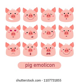 Vector Pink Piggy emoticon set. Cartoon illustration for Christmas card, prints, calendar, sticker, invitation, baby shower, children clothes, posters