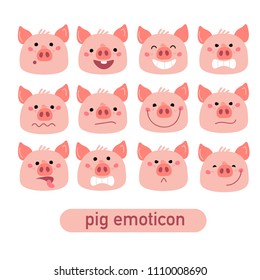 Vector Pink Piggy emoticon set. Cartoon illustration for Christmas card, prints, calendar, sticker, invitation, baby shower, children clothes, posters