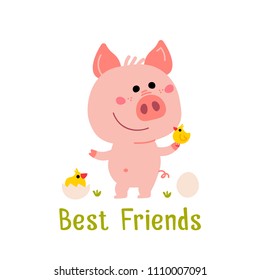 Vector Pink Piggy with small yellow bird. Cartoon illustration for Christmas card, prints, calendar, sticker, invitation, baby shower, children clothes, posters about friendship.