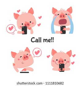 Vector Pink Piggy with telephone. Stickers for social network, avatars