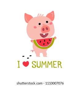 Vector Pink Piggy with watermelon. Summer Cartoon illustration for card, prints, calendar, sticker, invitation, baby shower, children clothes, posters.