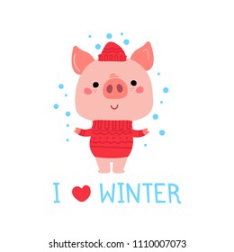 Vector Pink Piggy in winter clothes. Cartoon illustration for Christmas card, prints, calendar, sticker, invitation, baby shower, children clothes, posters.