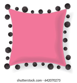 Vector Pink Pillow Decorated With Black Decorative Pompoms. Editable Template Design.