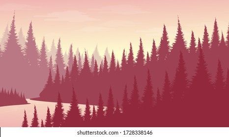 Vector Pink Pine Forest with River,landscape background,foggy and mist concept design.
