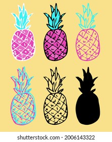 Vector pink pineapple with turquoise foliage. hand-drawn doodle-style set of isolated pineapples isolated contour, black silhouette on a summer yellow background for a design template. exotic fruit