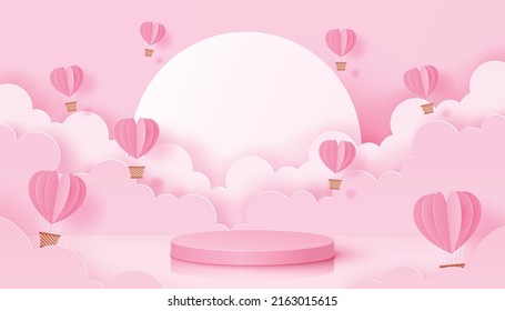 Vector pink podium with sweet scene of paper heart balloon, clouds, and sun. on Pastel background for product display, adverting. 