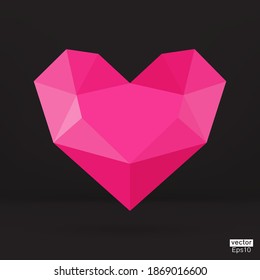 Vector pink polygon heart  icons set on black background. Vector illustration.