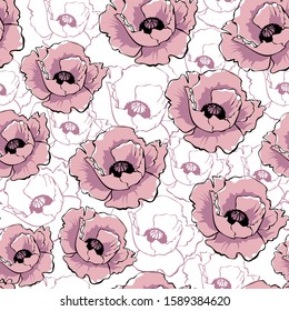 Vector pink poppy flowers on white background. Hand drawn seamless pattern. Wild flowers color illustration. Floral texture. Wallpaper,  digital paper, wrapping paper, textile design.
