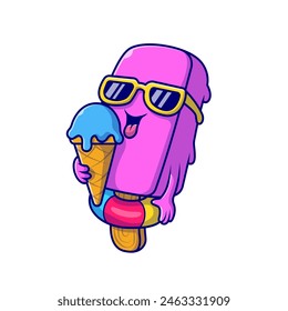 Vector pink popsicle eating ice cream cone character cartoon illustration 