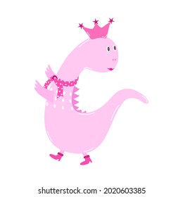 Vector - Pink princess Dinosaur wear boot and scarf dancing on white background. Can be use for print, card, banner, sticker, brochure.