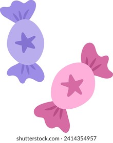 Vector pink and purple candies with stars. Fairytale themed birthday sweets. Cute magic candy bar design element. Sweet caramel icon
