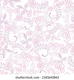 Vector pink purple floral hand drawn line art drawing on light texture seamless pattern background. Elegant retro pattern. Great for fabric, textile, scrapbooking, cards, paper prints etc