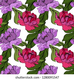 Vector Pink and purple peony. Floral botanical flower. Wild spring leaf wildflower isolated. Engraved ink art. Seamless background pattern. Fabric wallpaper print texture.