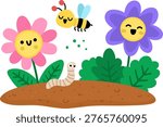 Vector pink and purple smiling flowers on bed with worm and bee icon. Blooming plants growing on the ground illustration. Floral kawaii clipart. Cute summer, garden bloom isolated on white background
