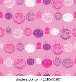 Vector pink, purple and white paper lanterns seamless pattern background. Perfect for fabric, scrapbooking, wallpaper projects.