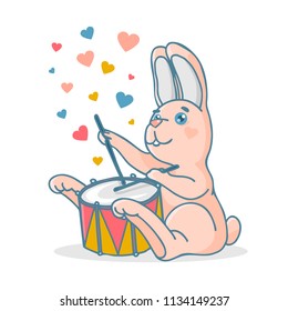 Vector Pink rabbit with drum. Excellent for the design of postcards, posters, stickers and so on.