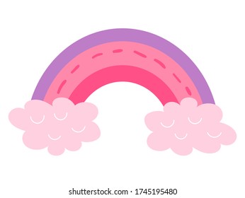Arcoiris rosa vectorial de estilo plano. El bonito dibujo infantil con un arcoiris multicolor sobre un fondo blanco. Decoración de cumpleaños y diseño de tarjetas de felicitación, afiche de fiesta, imágenes prediseñadas aisladas en un fondo blanco