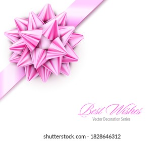 Vector Pink Realistic Bow with Ribbons Isolated on White Background. Decorative design element for Christmas, New Year holidays, Birthday gift package, present. 