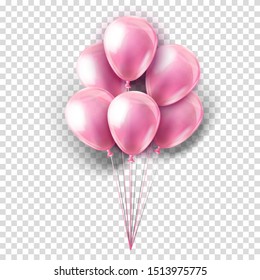 Vector pink realistic collection of balloons on transparent background. Party decoration for festival, birthday, anniversary, baby girl shower or celebration.
