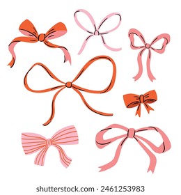 Vector pink and red Bow knots, gift bows collection. Hand drawn bow set on white background Wedding celebration, holiday, party decoration, gift, present concept. 