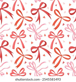 Vector pink and red bows. Seamless pattern with gift bows and hearts isolated on white. Wedding celebration print, holiday, party decoration, gifts, love wrapping paper. Valentine's Day