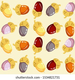 Vector pink and red crystals seamless pattern. Jewelry acorns with gold hats. Yellow background