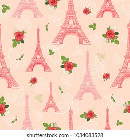 Vector Pink Red Eifel Tower Paris and Roses Flowers Seamless Repeat Pattern Surrounded By St Valentines Day Romantic Love. Perfect for travel themed postcards, greeting cards, wedding invitations.