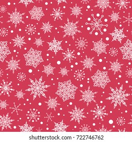 Vector pink red hand drawn christmass snowflakes repeat seamless pattern background. Can be used for fabric, wallpaper, stationery, packaging.
