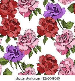 Vector Pink, red and purple rose. Floral botanical flower. Engraved ink art. Seamless background pattern. Fabric wallpaper print texture on white background.