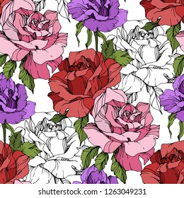 Vector Pink, red and purple rose. Floral botanical flower. Engraved ink art. Seamless background pattern. Fabric wallpaper print texture on white background.