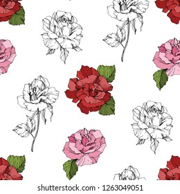 Vector Pink and red rose. Floral botanical flower. Engraved ink art. Seamless background pattern. Fabric wallpaper print texture on white background.