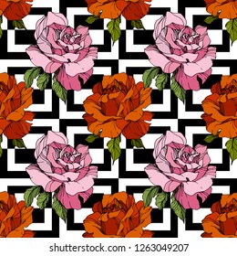 Vector Pink and red rose. Floral botanical flower. Engraved ink art. Seamless background pattern. Fabric wallpaper print texture on white background.