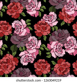 Vector Pink and red rose. Floral botanical flower. Engraved ink art. Seamless background pattern. Fabric wallpaper print texture on black background.