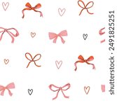 Vector pink and red Seamless pattern, gift bows and hearts isolated on white .  Wedding celebration print, holiday, party decoration, gift, love wrapping paper. Vector Valentines day seamless pattern.