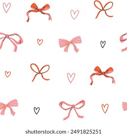 Vector pink and red Seamless pattern, gift bows and hearts isolated on white .  Wedding celebration print, holiday, party decoration, gift, love wrapping paper. Vector Valentines day seamless pattern.