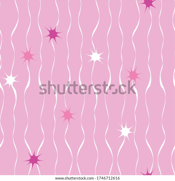Vector pink repeat pattern with\
white waves and white and pink stars. Surface pattern\
design.