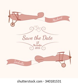 Vektorillustration rosa Retro-Flugzeuge mit einem Hochzeitsbanner und Namen von Neugeborenen. Element für Ihre Hochzeitsdesigns, Valentinstag-Projekte und andere Ihre romantischen Projekte.