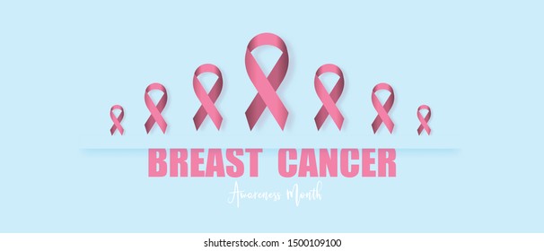 Vector Pink ribbon in Breast Cancer Awareness month symbol with brush stroke effect on blue and pink background  