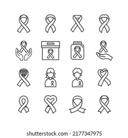 Vector Pink Ribbon Cross Breast Cancer Day icon. line icons set. Women Cancer Fighting concept idea.