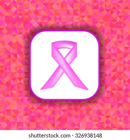 Vector Pink Ribbon on White Paper Sticker. Breast Cancer Awareness Pink Ribbon on Pink Polygonal Background
