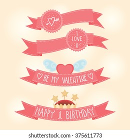 Vector pink ribbons with Valentines day illustrations and typography elements