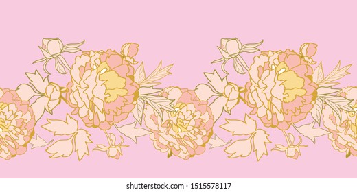 Vector pink romantic elegant festive peony botanical border, vintage peony blossom in pastel tones. Perfect for wallpaper, stationary, event, wedding, fashion. Elegant florals.