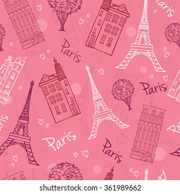 Vector Pink Romantic Paris Streets Seamless Pattern with Eiffel Tower, houses, trees and hearts.