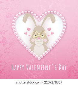 Vector Pink Romantic Pastel Greeting Card. Cute Funny Bunny in Love. White Text Happy Valentine`s Day. Rabbit in Pearl Heart Frame. Animal Character.