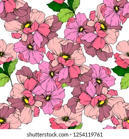 Vector Pink rosa canina. Floral botanical flower. Wild spring leaf wildflower isolated. Engraved ink art. Seamless background pattern. Fabric wallpaper print texture.
