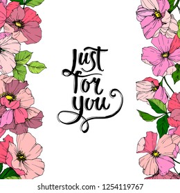 Vector Pink rosa canina. Floral botanical flower. Wild spring leaf wildflower isolated. Engraved ink art. Frame border ornament square. Just for you handwriting monogram calligraphy.