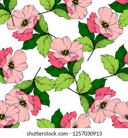 Vector Pink rosa canina. Floral botanical flower. Wild spring leaf wildflower isolated. Engraved ink art. Seamless background pattern. Fabric wallpaper print texture.