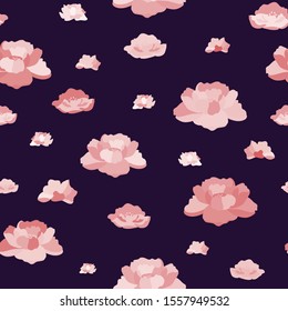 Vector Pink Rose Blooms on Deep Purple seamless pattern background.