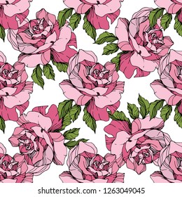 Vector Pink rose. Floral botanical flower. Engraved ink art. Seamless background pattern. Fabric wallpaper print texture on white background.